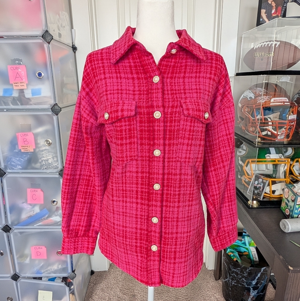 Forever 21 Vibrant Pink Plaid Oversized Faux Pearl Diamond Blazer Jacket Medium - Picture 3 of 13